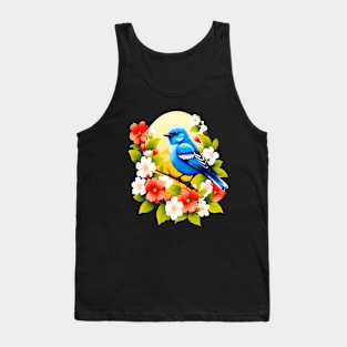 Cute Blue Bird Surrounded by Bold Vibrant Spring Flowers Tank Top